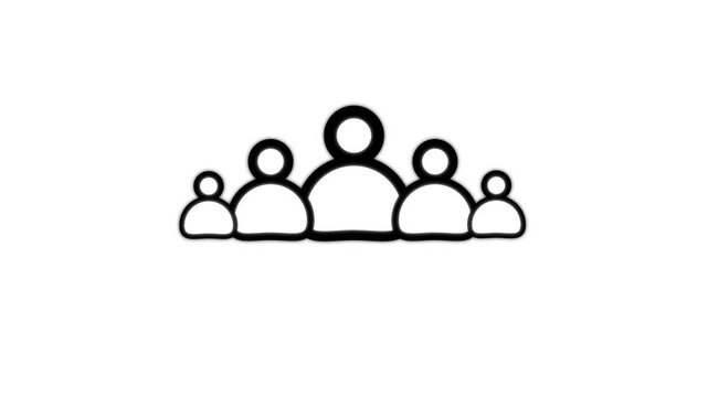 A linear outline of five human figures standing in a row with a black stroke on a white background representing a group or community