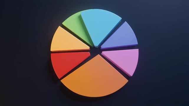 Animated 3D pie chart assembling with colorful segments on dark background, business data analysis infographic, statistics and market share concept