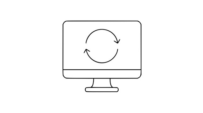 Computer monitor vector icon with circular refresh arrow, representing software update and data synchronization in clean minimalist outline style for tech interfaces and digital applications.
