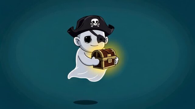 A cute cartoon ghost dressed as a pirate, wearing a hat and eye patch, holding a glowing treasure chest.