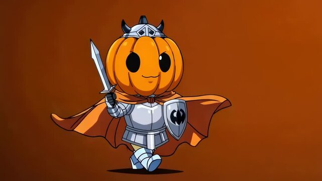A charming cartoon pumpkin-headed knight in full armor, wielding a sword and shield, standing against a warm orange backdrop.