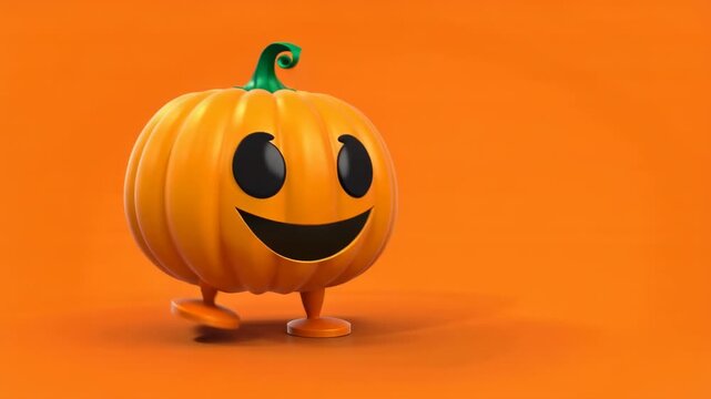A cute 3D rendered cartoon pumpkin character with a happy face and small legs walking on a vibrant orange background.