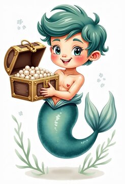 Adorable little merman holding an open treasure chest filled with shiny pearls. Underwater cartoon illustration ideal for children's books, nursery prints, stickers, educational materials, cute design