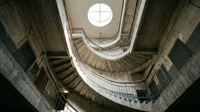Spiral concrete staircase winds upward around a central shaft inside an old building.