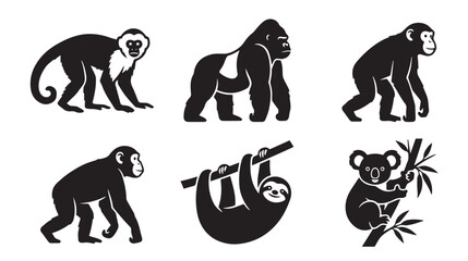 Minimalist monkey and primate icon set, black silhouette gorilla and chimpanzee vectors, wild animal collection with sloth and koala illustrations © Toqeer