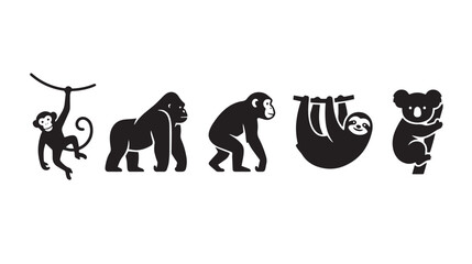 Obraz premium Minimalist wild animal silhouettes, black monkey and gorilla icons, set of 5 jungle wildlife vector illustrations for logo design