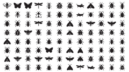 Minimalist insect silhouette icons, set of 96 black bug vector symbols, diverse beetle and butterfly collection for biology and nature design © Toqeer