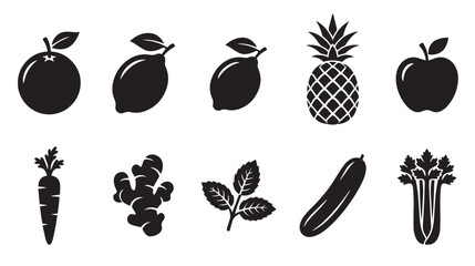 Fototapeta premium Minimalist fruit and vegetable icons, set of 10 black solid food silhouettes, organic produce vector elements for healthy lifestyle branding