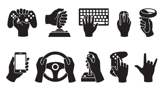 Video game controller icons set, hands holding gaming devices and peripherals, black silhouette vector graphics for esports and gaming UI