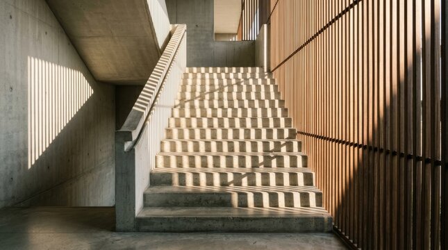 Sunlit concrete staircase casts striped shadows on a wooden slat wall.