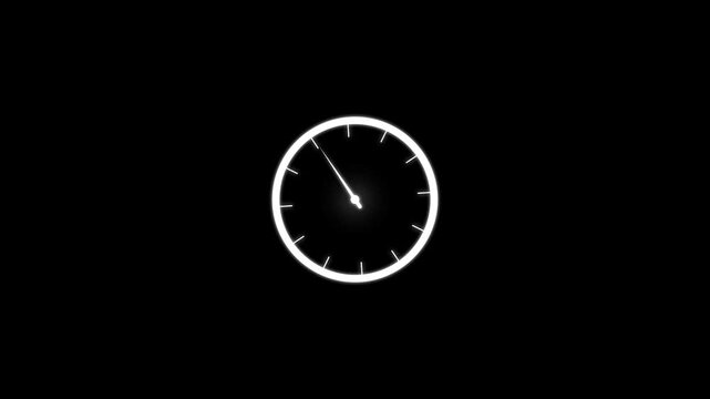 Bright white glowing clock face with ticking hands isolated on a solid black background for time management and countdown concepts in digital media