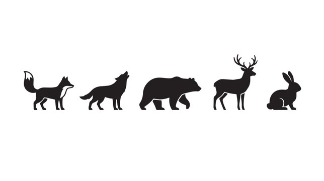 Minimalist forest animal silhouettes, set of 5 black wildlife icons including fox wolf bear deer and rabbit, rustic woodland creature vector graphics