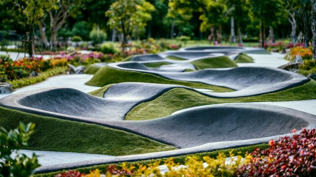 Scenic View of Asphalt Pump Track Surrounded by Lush Greenery and Colorful Flowers
