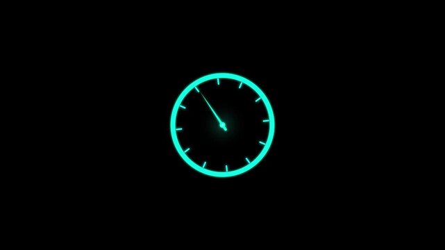 Glowing cyan neon clock face with ticking hands isolated on a solid black background for time management and countdown concepts in digital media