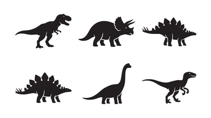Dinosaur silhouette collection, 6 prehistoric animal vector icons, black t-rex and triceratops shapes for educational graphics and logos © Toqeer