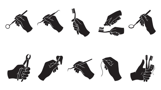 Dental hand silhouettes holding dentist tools, black vector icon set of hands with toothbrush and dental mirror, stomatology equipment collection
