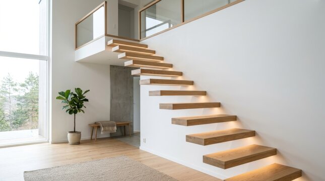 This bright modern living space features a floating wooden staircase along a white wall.