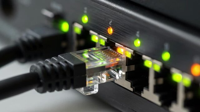 Close up of an ethernet cable plugged into a network switch with blinking status lights.