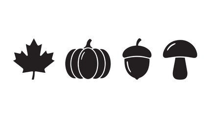 Autumn silhouette icon set with maple leaf, pumpkin, acorn and mushroom. Minimalist fall season nature symbols. Black vector graphics for harvest festival. © Toqeer