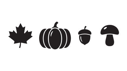 Autumn nature icons set, black silhouette maple leaf and pumpkin vector, seasonal acorn and mushroom symbols, minimalist fall harvest elements © Toqeer