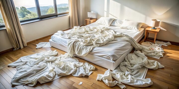 Unmade bed with crumpled sheets and pillows scattered all over the floor