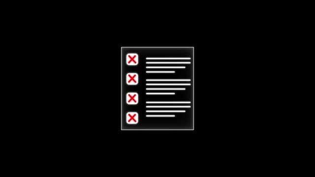 White checklist with three red cross marks and one empty checkbox on a solid black background for digital task management and error tracking