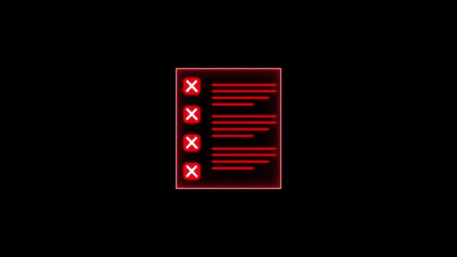 Glowing red checklist with three red cross marks and one empty checkbox on a solid black background for digital task management and errors