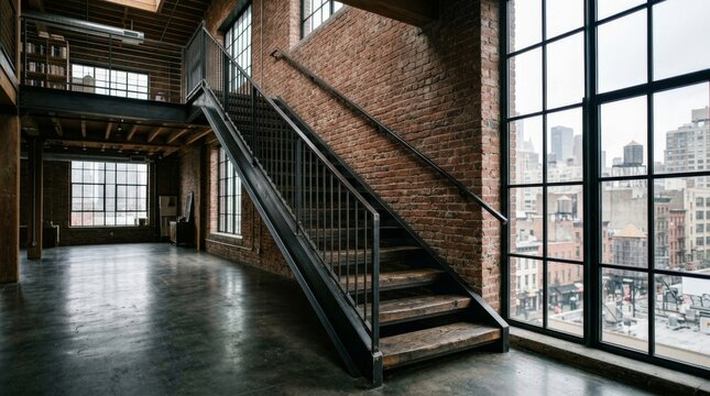 Inside a brick loft, a metal staircase leads to an upper level beside large windows.
