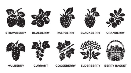 Vintage berry icons set, black silhouette fruit collection with labels, 10 botanical vector illustrations for organic food packaging and farm branding © Toqeer