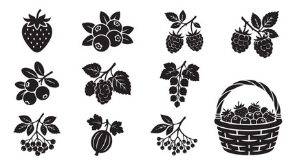 Vintage berry icons set, black silhouette garden fruit illustrations, rustic strawberry and raspberry vector collection, organic food basket graphics © Toqeer