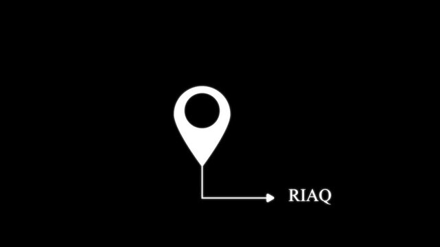 White map location pin with a directional arrow pointing to the text label riaq on a solid black background for navigation and map systems