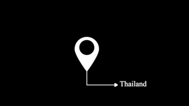 White map location pin with a directional arrow pointing to the text label thailand on a solid black background for navigation and maps