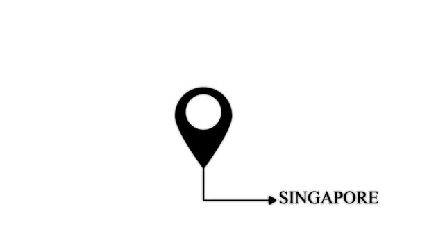 Black map location pin pointing to the text singapore on a solid white background for navigation and travel destination mapping concepts
