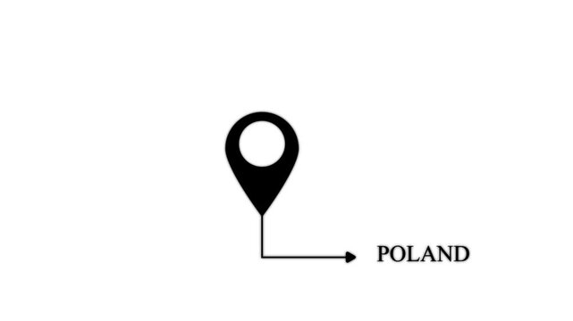 Black map location pin pointing to the text poland on a solid white background for navigation and travel destination mapping concepts