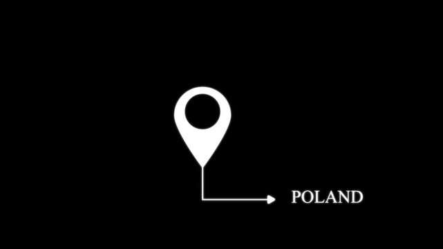 White map location pin pointing to the text poland on a solid black background for navigation and travel destination mapping concepts