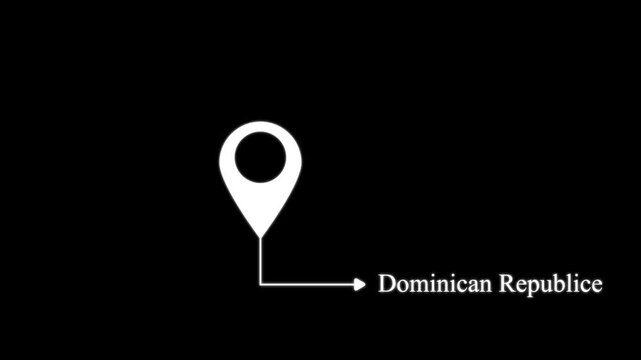 White map location pin pointing to the text dominican republic on a solid black background for navigation and travel destination mapping