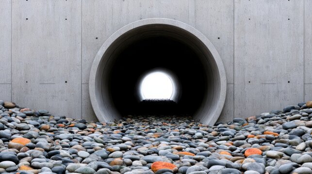Concrete Stormwater Headwall with Reinforced Design and Decorative River Rocks for Drainage