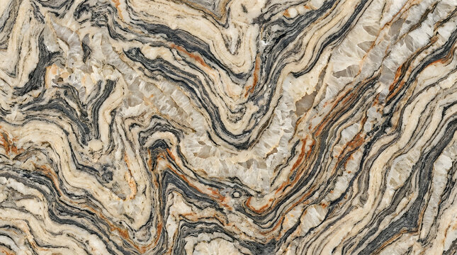 Striking multi-colored wavy marble texture with black, orange, and white bands, naturally occurring in North America.