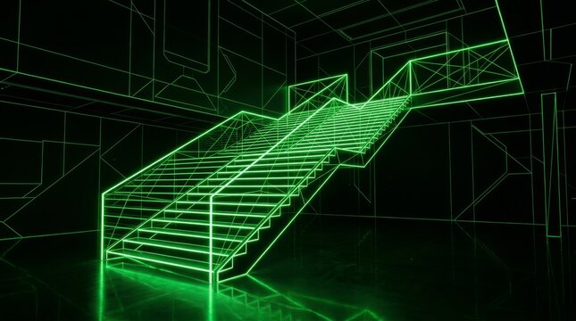 A neon green wireframe staircase rises in a dark geometric room.