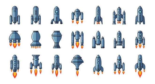 Collection of cartoon rocket ships and spaceships with flames