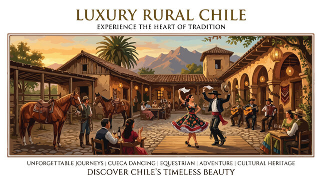 Chilean rural lifestyle scene featuring traditional cueca dancing and equestrian heritage.