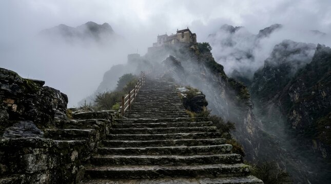 Stone stairway climbs to a fortress on a mountain peak in fog.