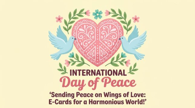 International Day of Peace celebration poster with heart and doves. Global unity event graphic for love, harmony, and humanitarian campaigns.