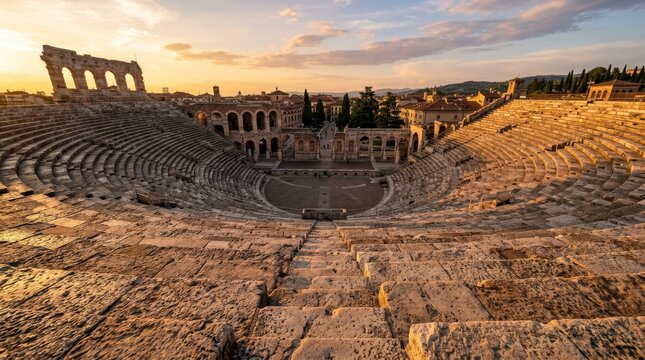 An ancient stone amphitheater sits empty as the sunset lights the scene.