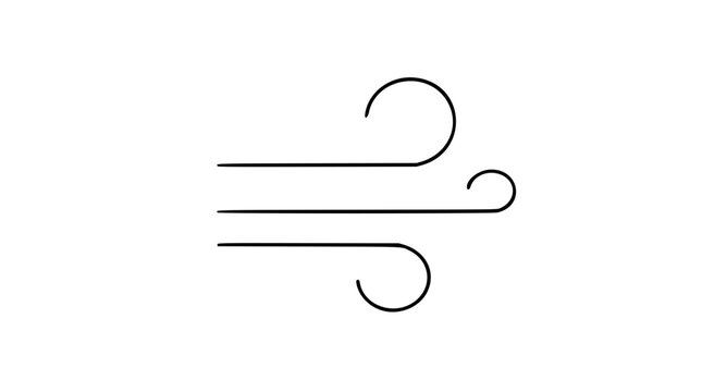 Minimalist wind gust lines vector icon, simple weather illustration featuring flowing breeze motion, clean black outline graphic element for meteorological design, scalable stroke style, isolated