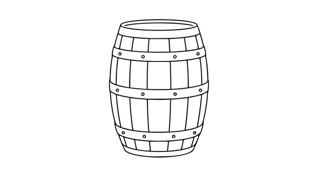 Classic wooden barrel vector illustration, rustic storage container icon with metal hoops and rivets, clean black outline graphic for beverage or cellar design, scalable minimalist style, isolated art