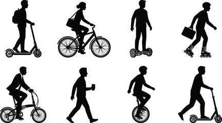Black silhouette collection of people using eco friendly urban micro mobility transportation methods isolated on a white background © Robiul