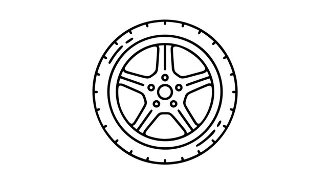 Minimalist vector icon of a car wheel with a five-spoke rim, clean black outline illustration on a white background, perfect for automotive design, transportation concepts, and mechanical repair