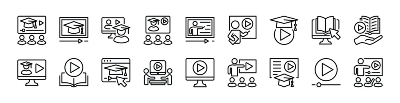 Tutorial icon set. Contains teaching, learning, e-learning, online education video course technology, training website, tutor, motion picture, virtual education, webinar, study - vector illustration