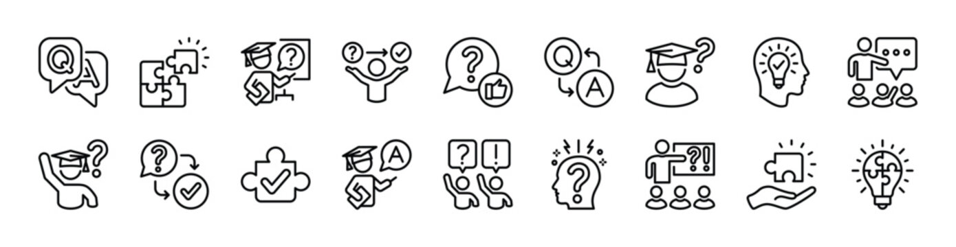 Problem solving thin line icon set. Contains question and answer, puzzle, planning strategy, question, brainstorm, solution, creative idea, communication speech bubble - vector illustration